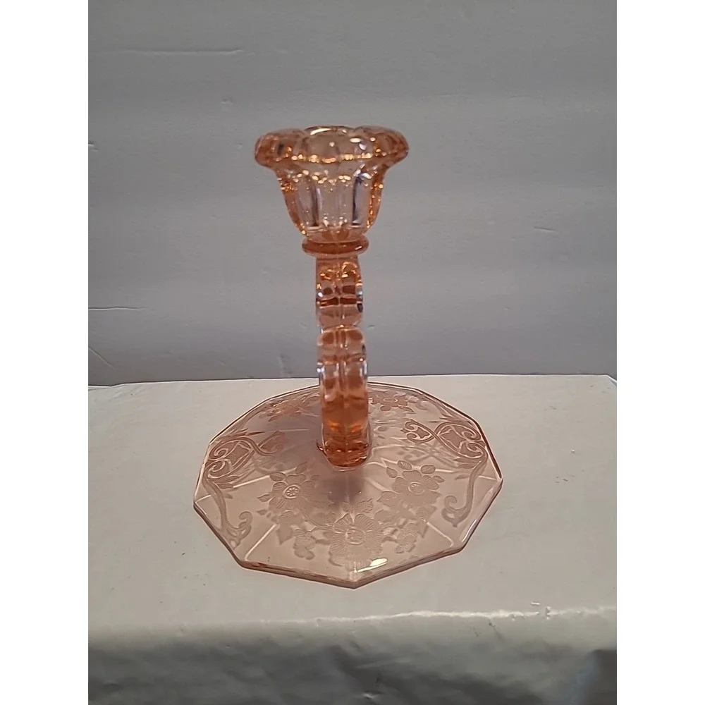 Vintage Cambridge Glass Apple Blossom Etch Keyhole Pink Glass Candlestick
